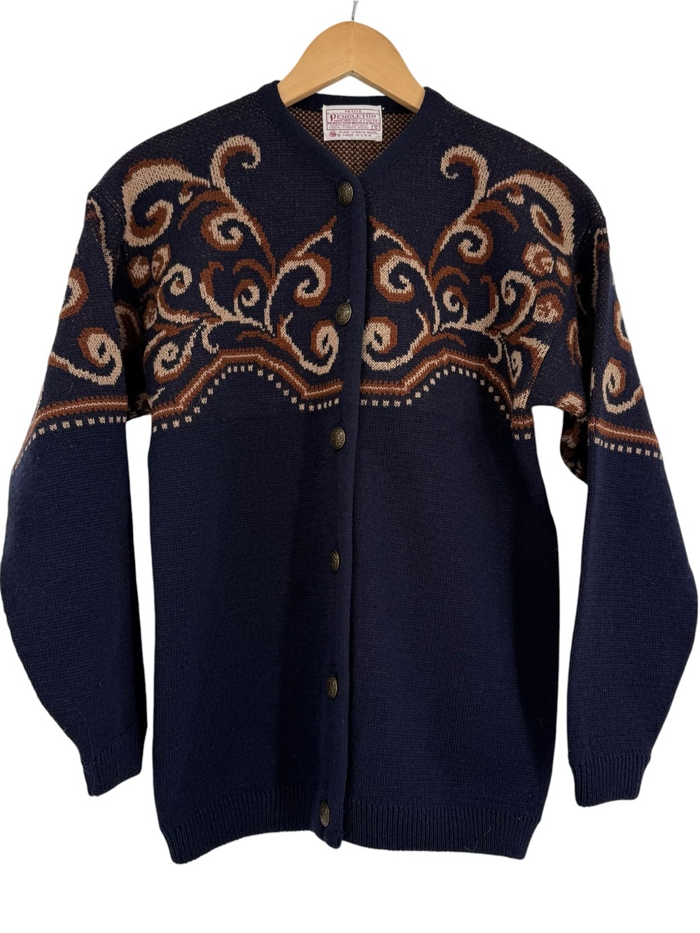 Pendleton Vintage Navy Wool Filigree Metal-Button Cardigan Sweater Size Small